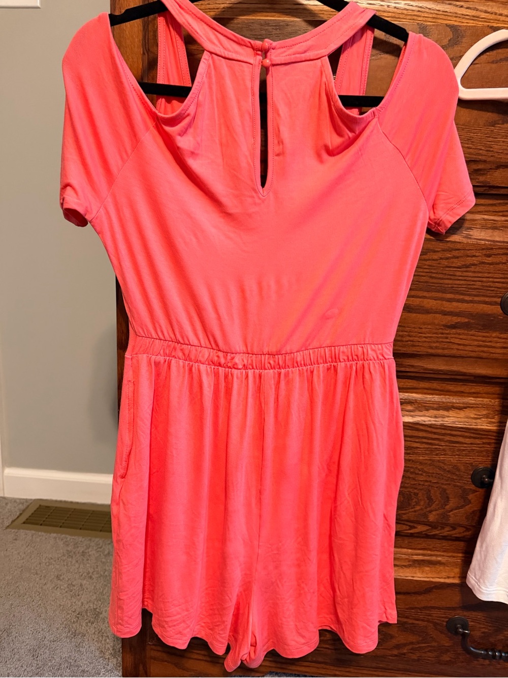 Women's Coral Pink Short Sleeve Romper with Elastic Waist